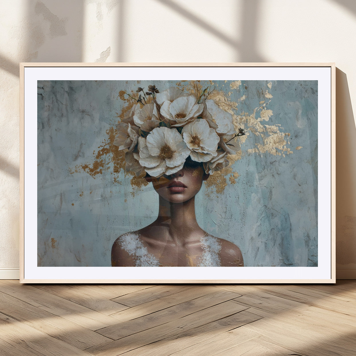 MGC-FP-36x24 - Golden Petal Wall Art - Petal Silhouette Woman Wall Art Canvas Print | Large 3-Panel Canvas with