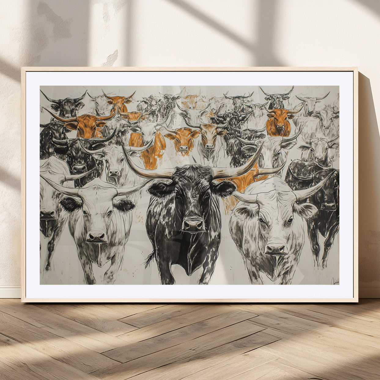 MGC-FP-36x24 - Texas Longhorn Wall Art - Herd Canvas Wall Art Print - Abstract Cow Drawing Wall Art Print for