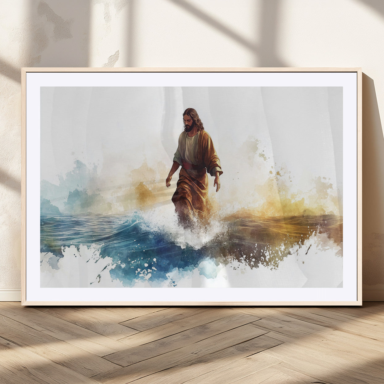 MGC-FP-36x24 - Watercolor Jesus Walking Wall Art Print, Jesus Water Canvas Print, Christian Wall Art, Jesus Christ