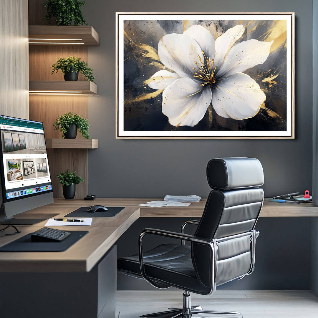 White Flower Wall Art | Canvas Print | Ready to Hang | Abstract Floral Wall Decor | Elegant Bloom Artwork | Framed for Living Room or Bedroom