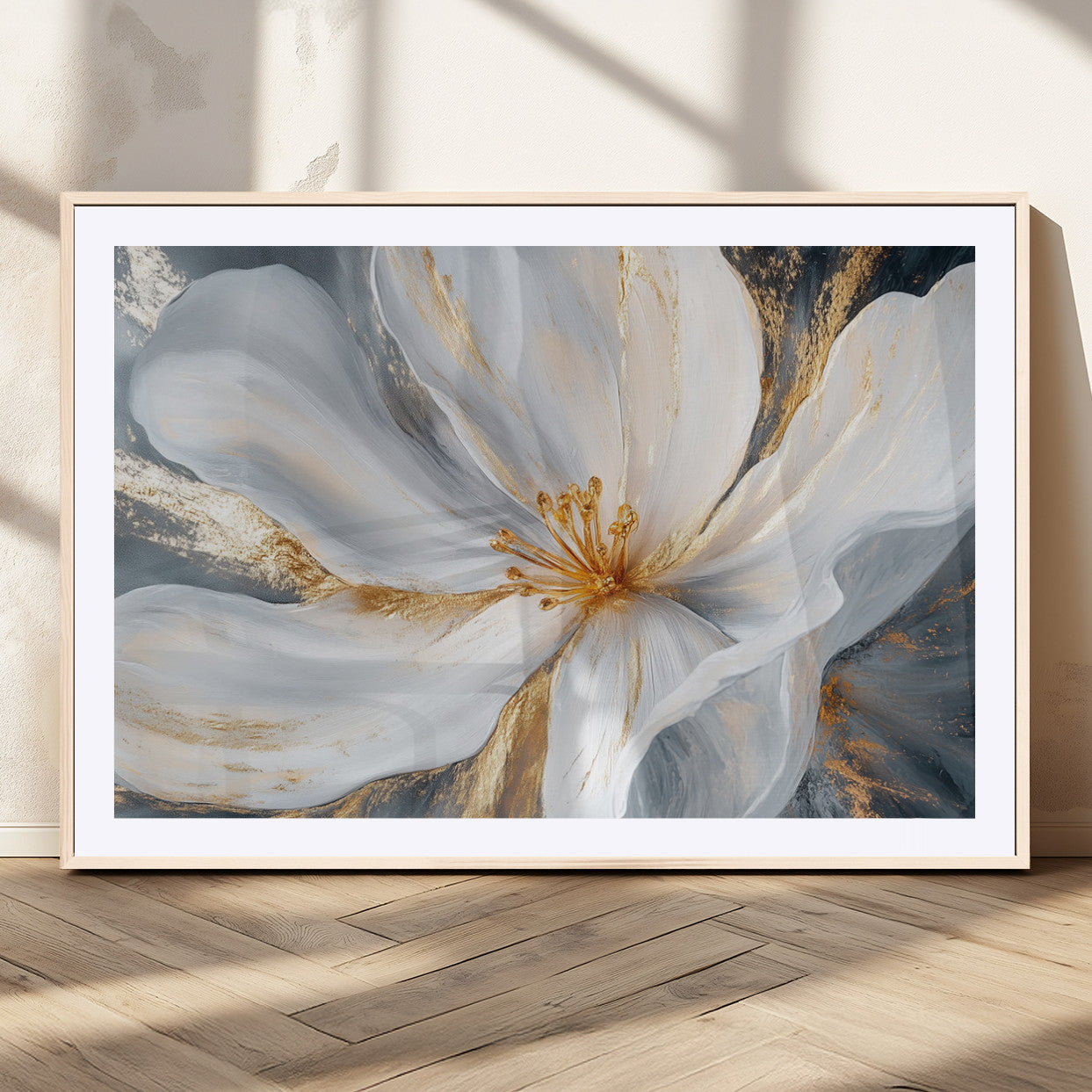 MGC-FP-36x24 - White and Gold Floral Canvas Wall Art - Framed and Ready to Hang - Perfect for Modern Living Rooms