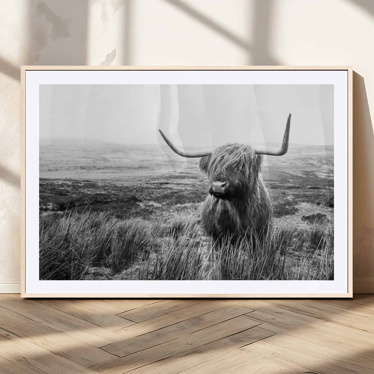 MGC-FP-36x24 - Scottish Highland Cow Wall Art | Black and White Canvas Print | Ready to Hang and Framed | Rustic