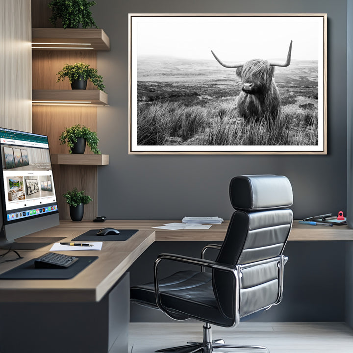 Scottish Highland Cow Wall Art | Black and White Canvas Print | Ready to Hang and Framed | Rustic Farmhouse Wall Decor for Living Room or