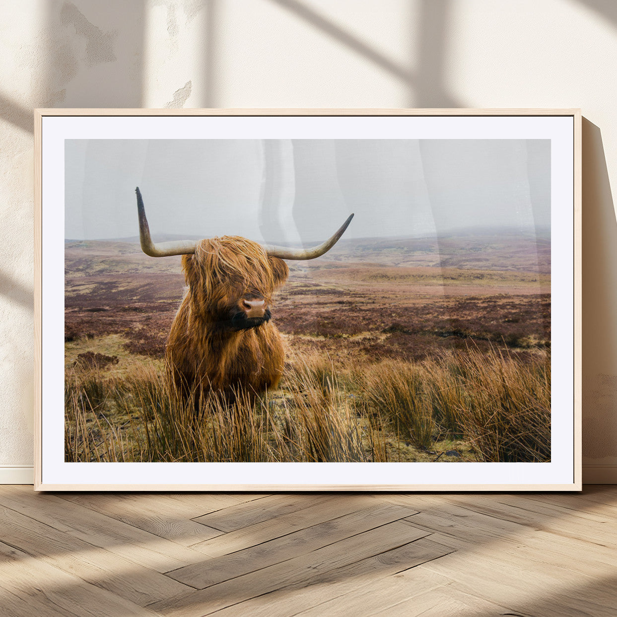 97274-MGC-FP-36x24_Natural-Scottish Highland Cow Canvas Wall Art – Rustic Farmhouse Charm with Highland Cattle – Ready to Hang