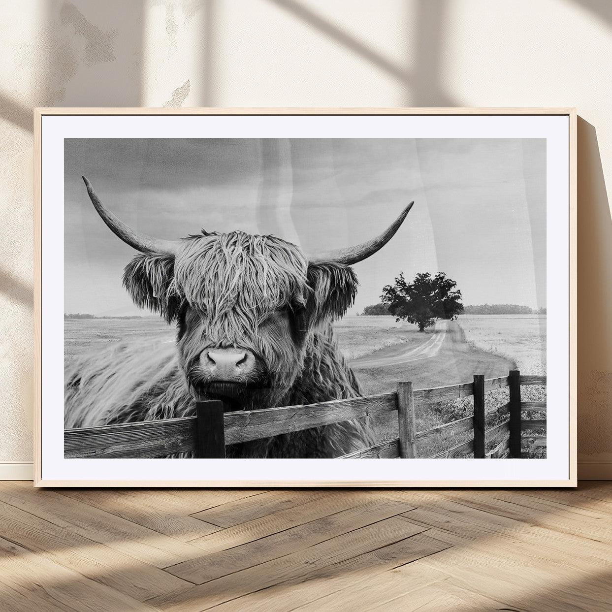 MGC-FP-36x24 - Scottish Highland Cow Wall Art | Rustic Farmhouse Décor | Black and White Ready to Hang Canvas Print