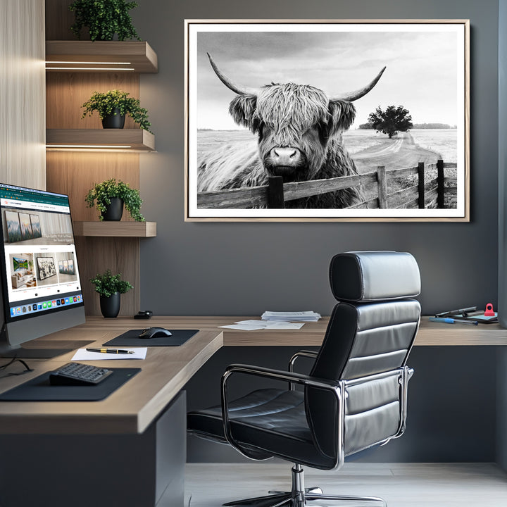 Scottish Highland Cow Wall Art | Rustic Farmhouse Décor | Black and White Ready to Hang Canvas Print