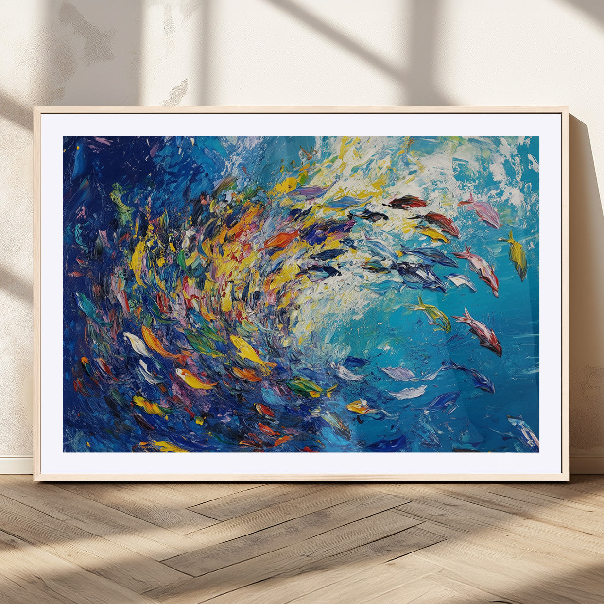 MGC-FP-36x24 - Colorful Swirling Fish School Wall Art Canvas Print | Oceanic Abstract Painting | Ready to Hang |