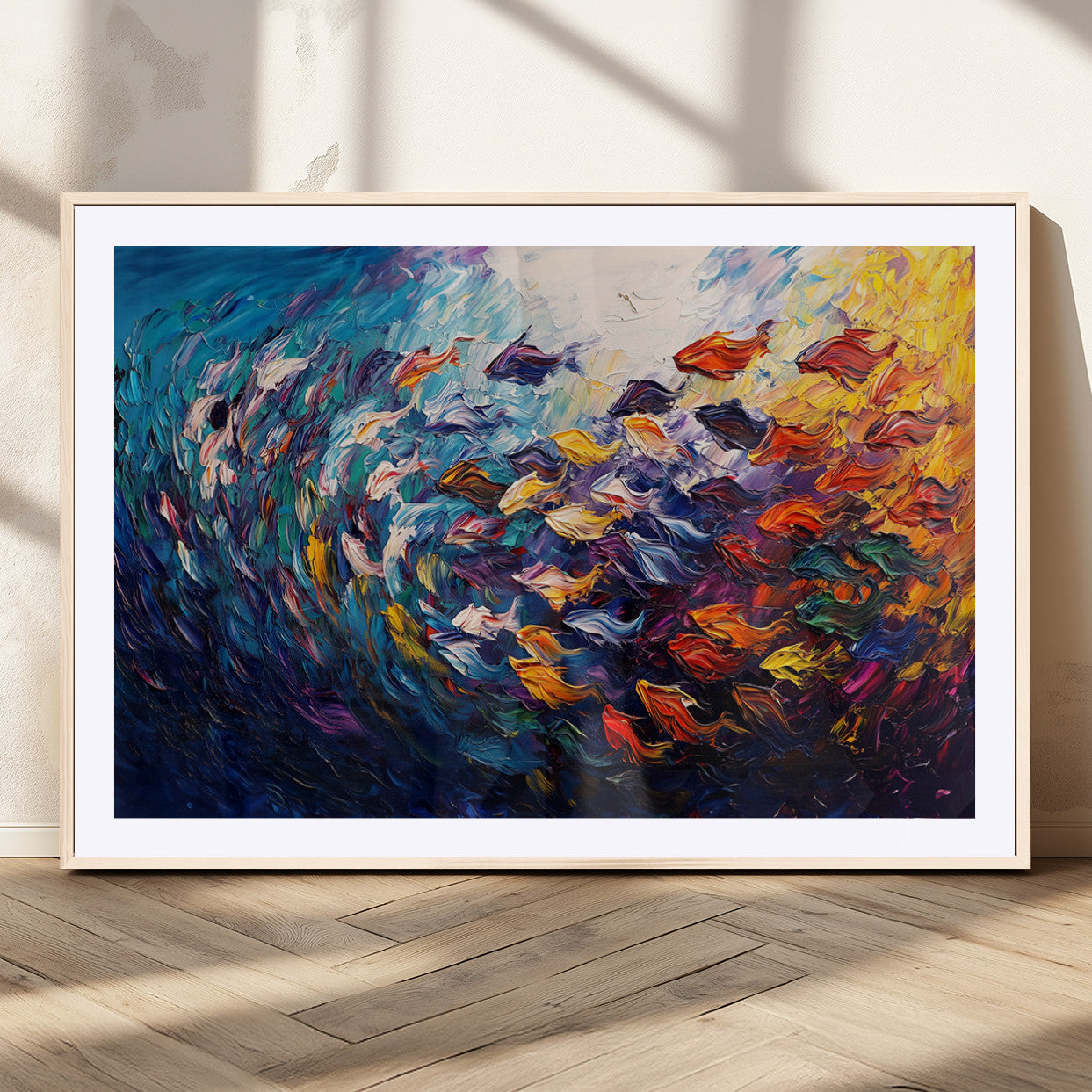 MGC-FP-36x24 - Vibrant Abstract Fish Swarm Art – Colorful Fish Inspired 3-Piece Canvas Wall Art for Living Room or