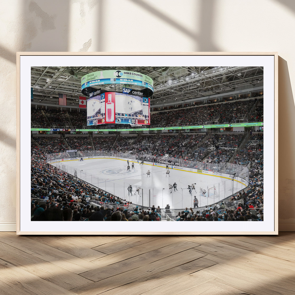 MGC-FP-36x24 - Sharks Arena Blackhawks Sharks Ice Hockey Stadium Wall Art Canvas Print, Framed Blackhawks Sharks