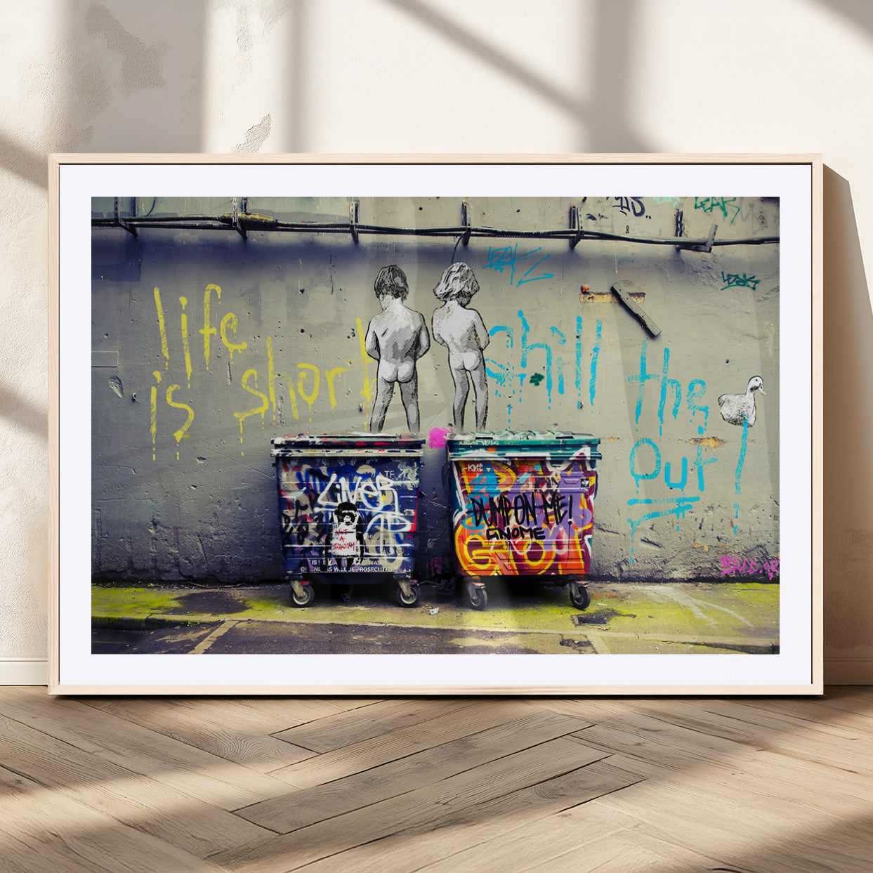 MGC-FP-36x24 - Banksy Life is Short Wall Art - Iconic Graffiti Art on Framed Ready-to-Hang Canvas - Street Art