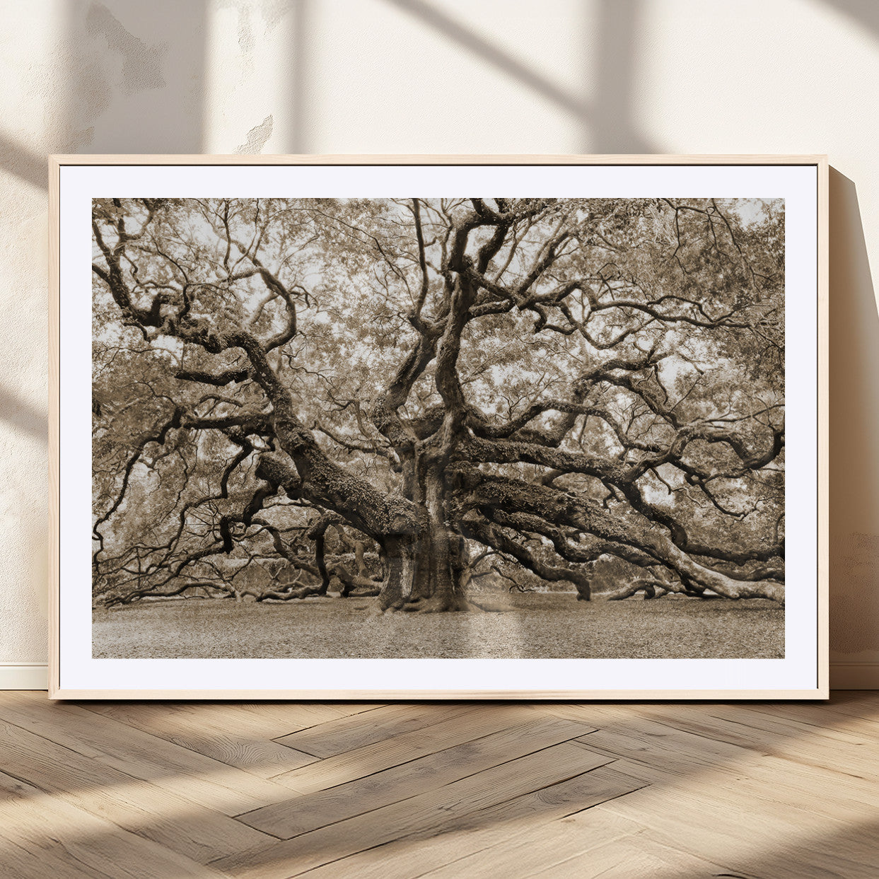 51126-MGC-FP-36x24_Natural-Sepia Framed Angel Oak Tree Wall Art - 3-Panel Canvas Prints, Large Green Nature Artwork, Ready to