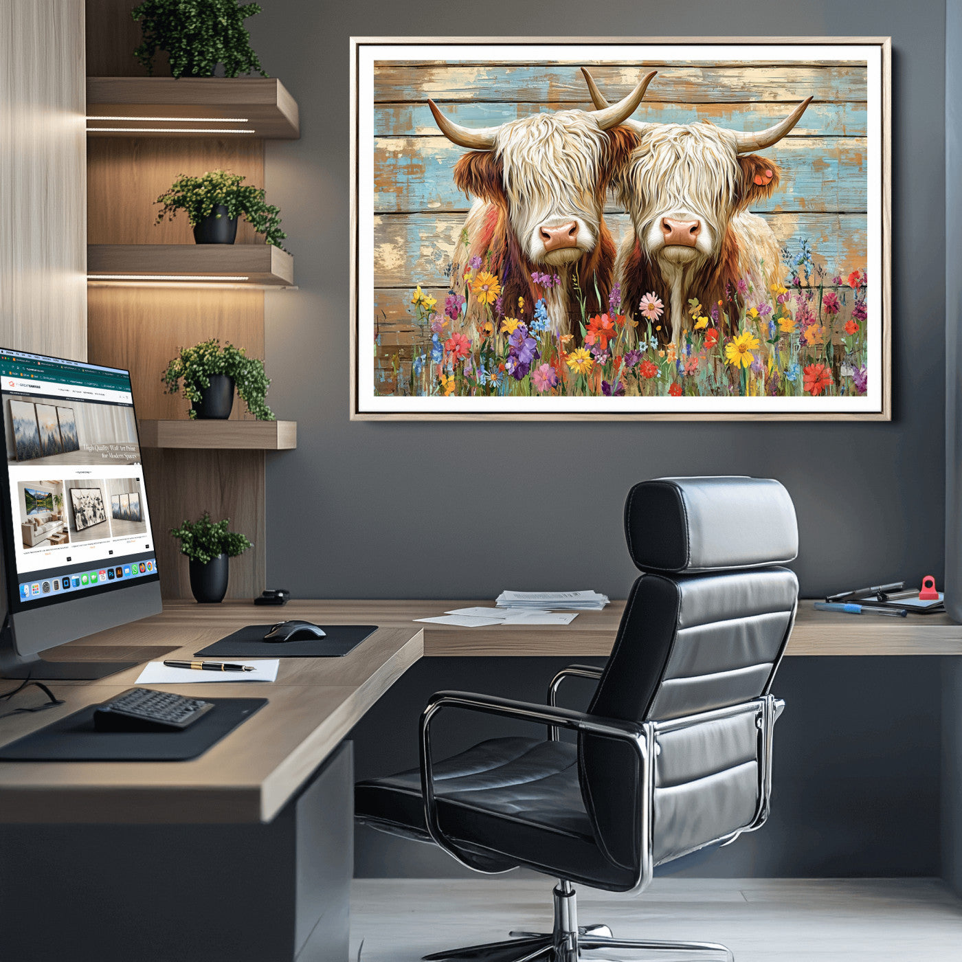 36972-MGC-FP-36x24_Natural-Cute Highland Cow Canvas Wall Art - Rustic Farmhouse Decor with Colorful Flowers Perfect Wall Art for Home