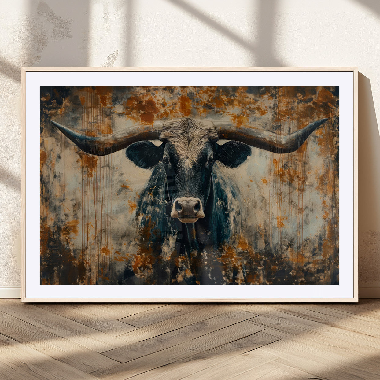 MGC-FP-36x24 - Abstract Longhorn Bull Wall Art | Rustic Western Wall Decor | Framed and Ready to Hang | Ideal for