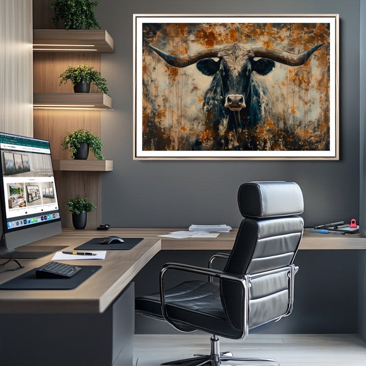 Abstract Longhorn Bull Wall Art | Rustic Western Wall Decor | Framed and Ready to Hang | Ideal for Farmhouse, Lodge, and Barn Decor