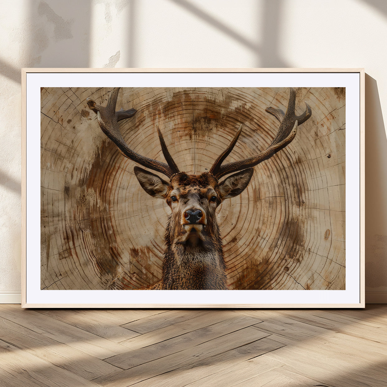 MGC-FP-36x24 - Wood Abstract Deer Wall Art | Rustic Wildlife Canvas Print | Ready to Hang Stag Head Triptych for