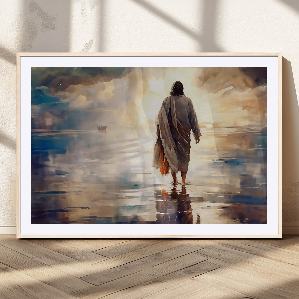 MGC-FP-36x24 - Jesus Walking on Water Wall Art | Ready to Hang Spiritual Triptych Canvas Print | Inspirational