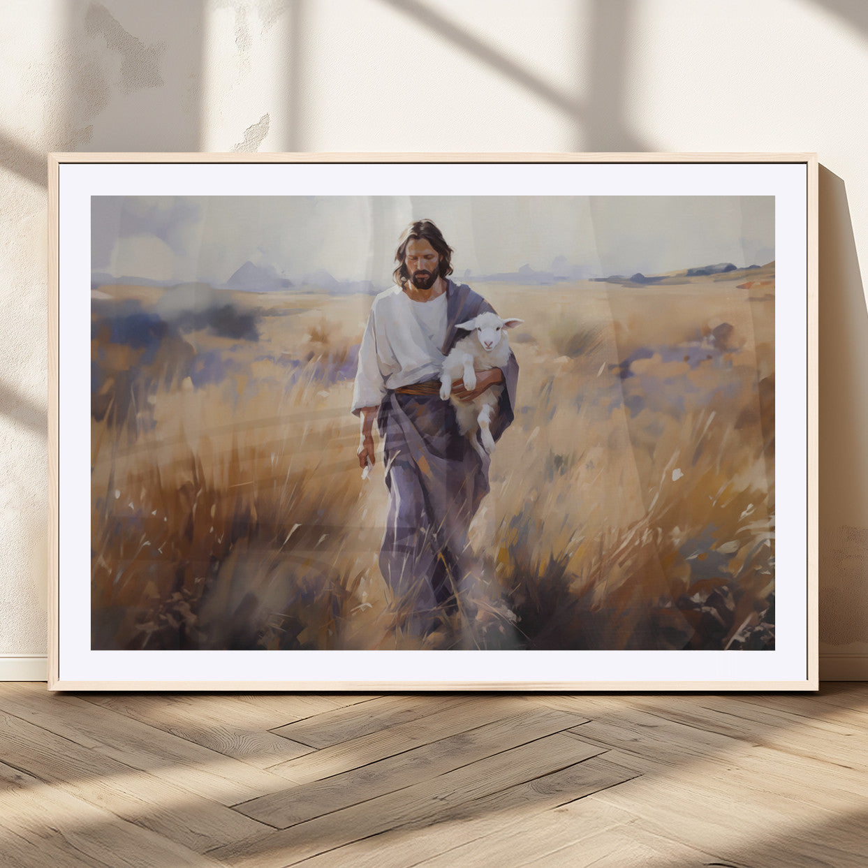 MGC-FP-36x24 - Jesus the Good Shepherd Wall Art Canvas Print - Lost Lamb Print for Prayer Room Decor