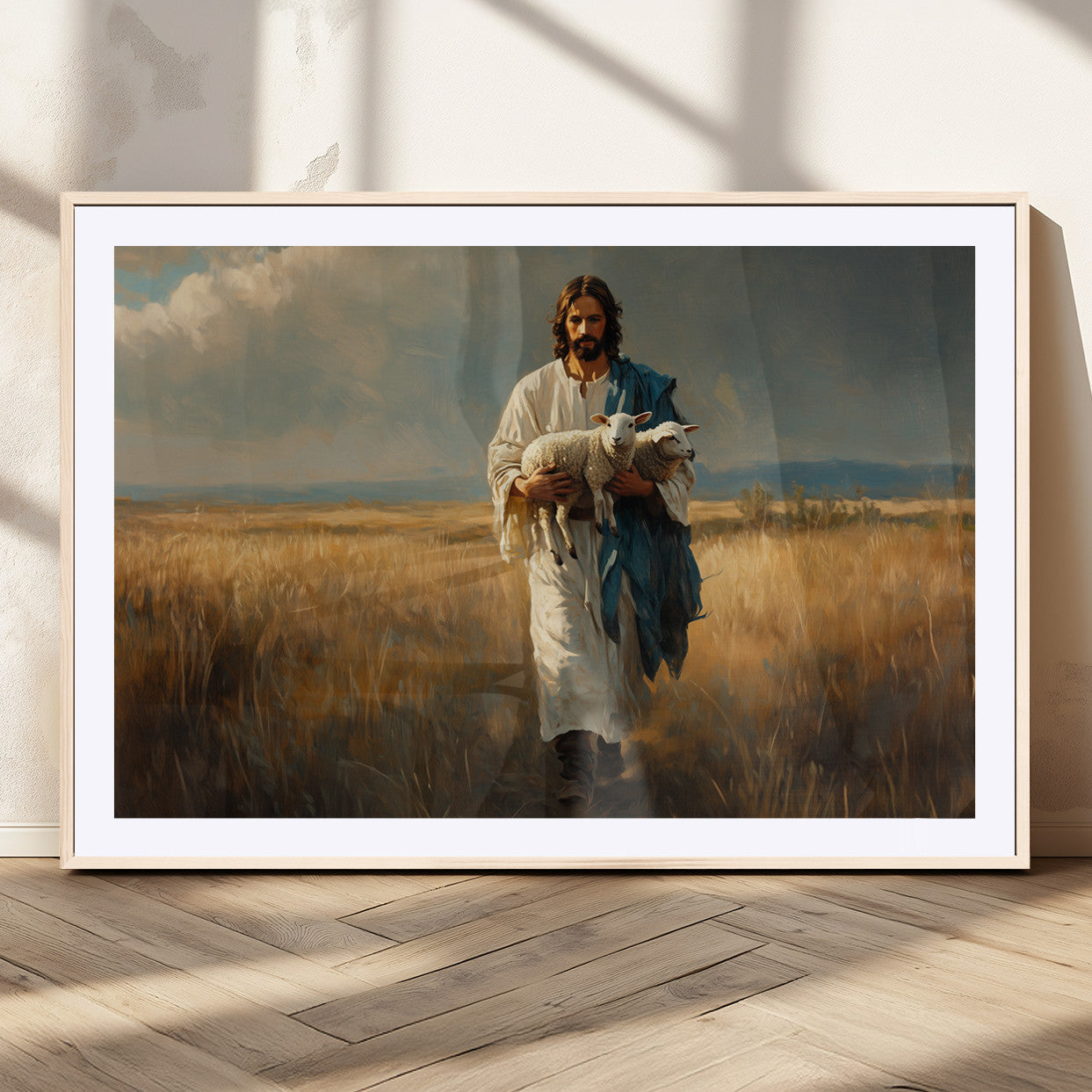 MGC-FP-36x24 - Jesus Shepherd Wall Art | Ready to Hang Triptych Canvas of Jesus Holding a Lamb in a Field |