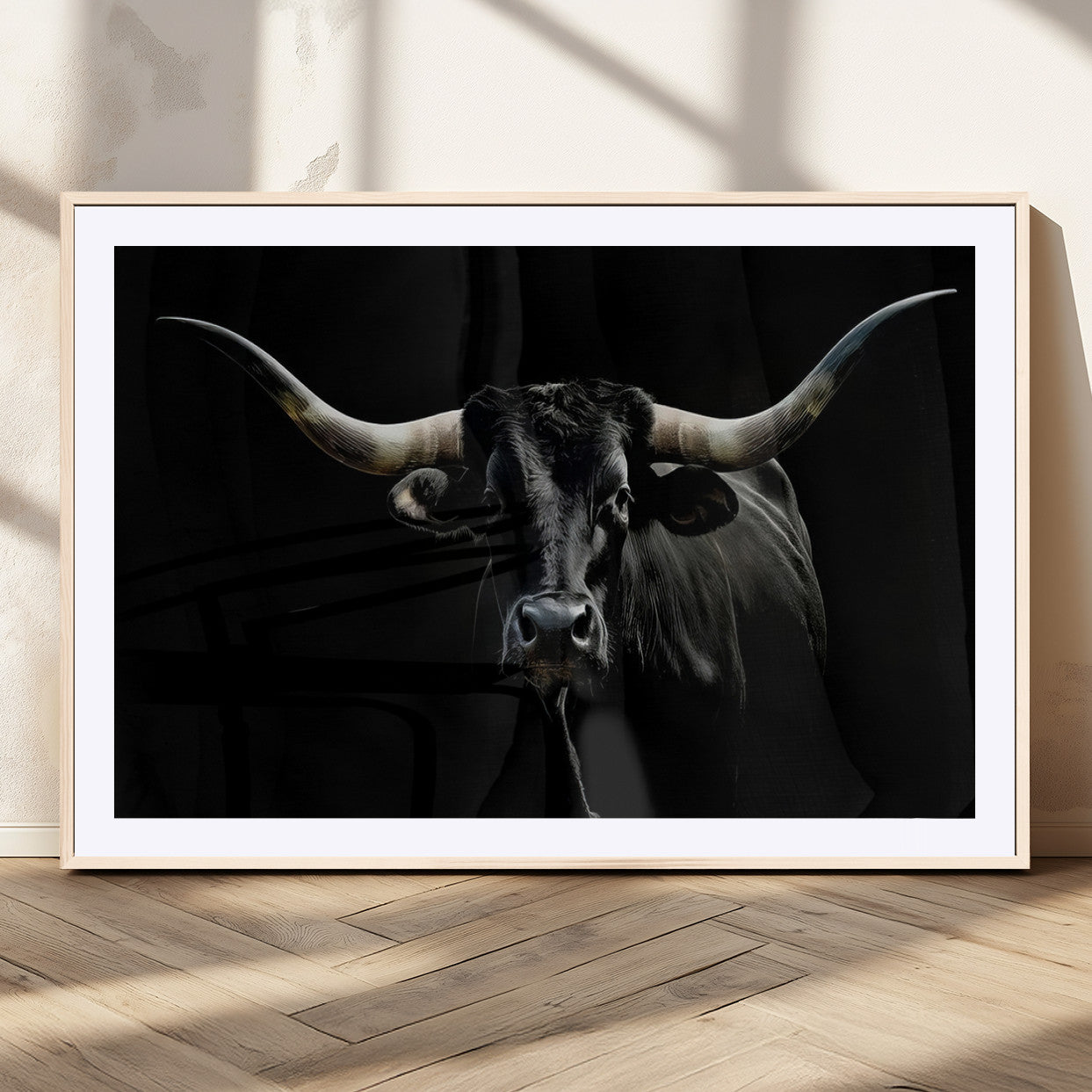 MGC-FP-36x24 - Texas Black Longhorn Bull Wall Art Canvas Print - Western Texas Cattle Rustic Decor Print - Longhorn