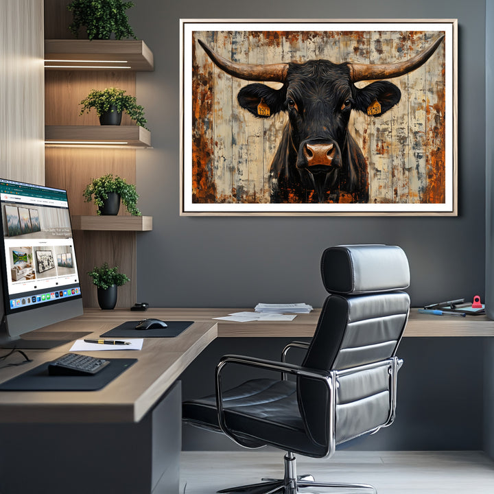 Rustic Texas Artwork Wall Art Canvas Print - Abstract Cow Longhorn Bull Wall Art Canvas Print