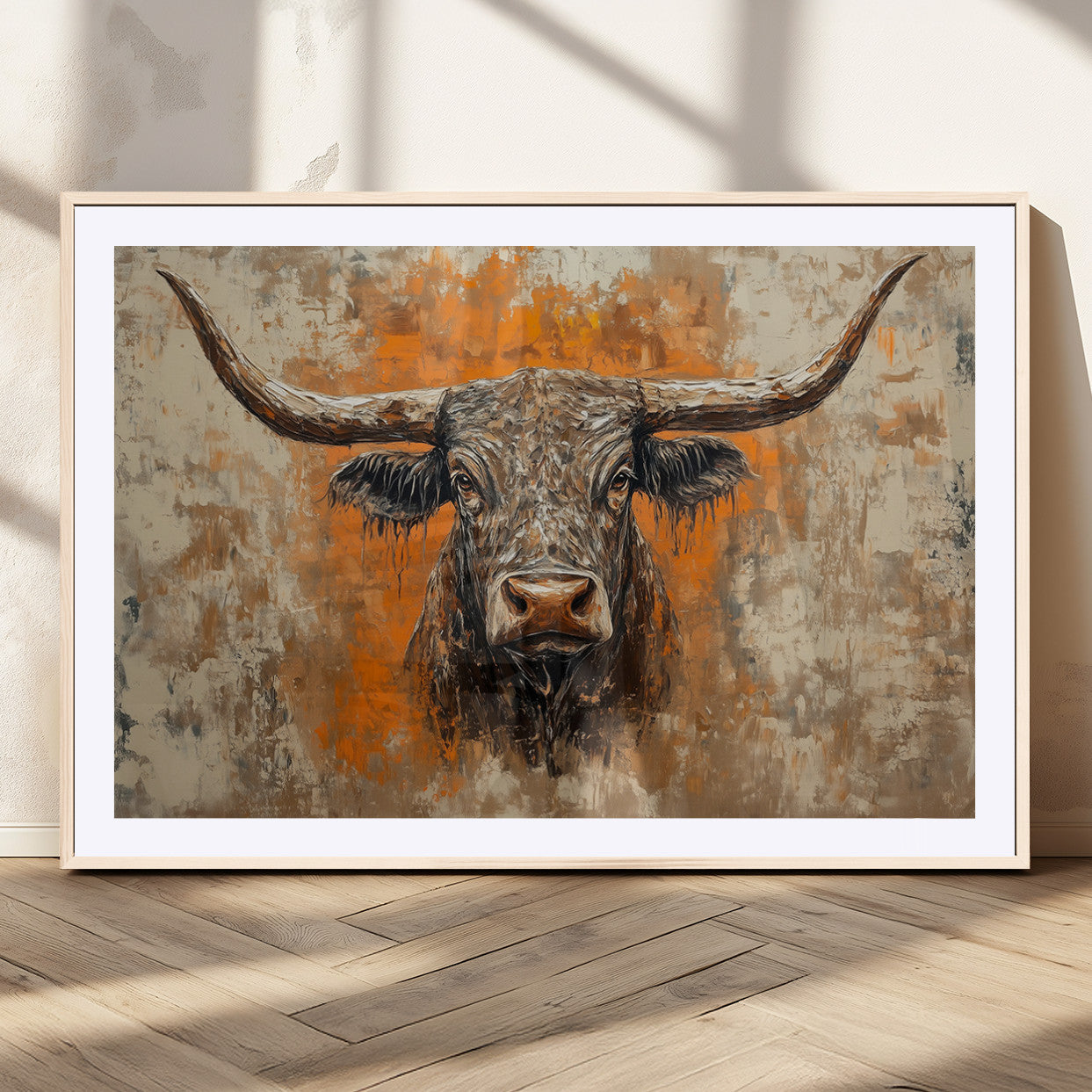 MGC-FP-36x24 - Abstract Cow Longhorn Bull Wall Art Canvas Print - Rustic Texas Western Cattle Artwork