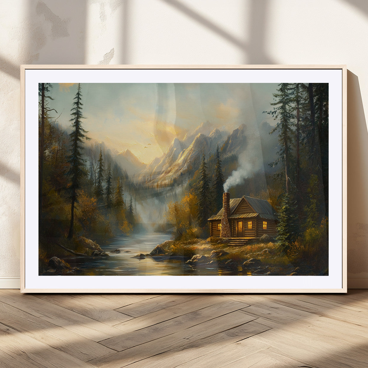 MGC-FP-36x24 - Wood Cabin Retreat Mountain at Sunset Wall Art Print - Serene Forest and River Landscape Wall Art