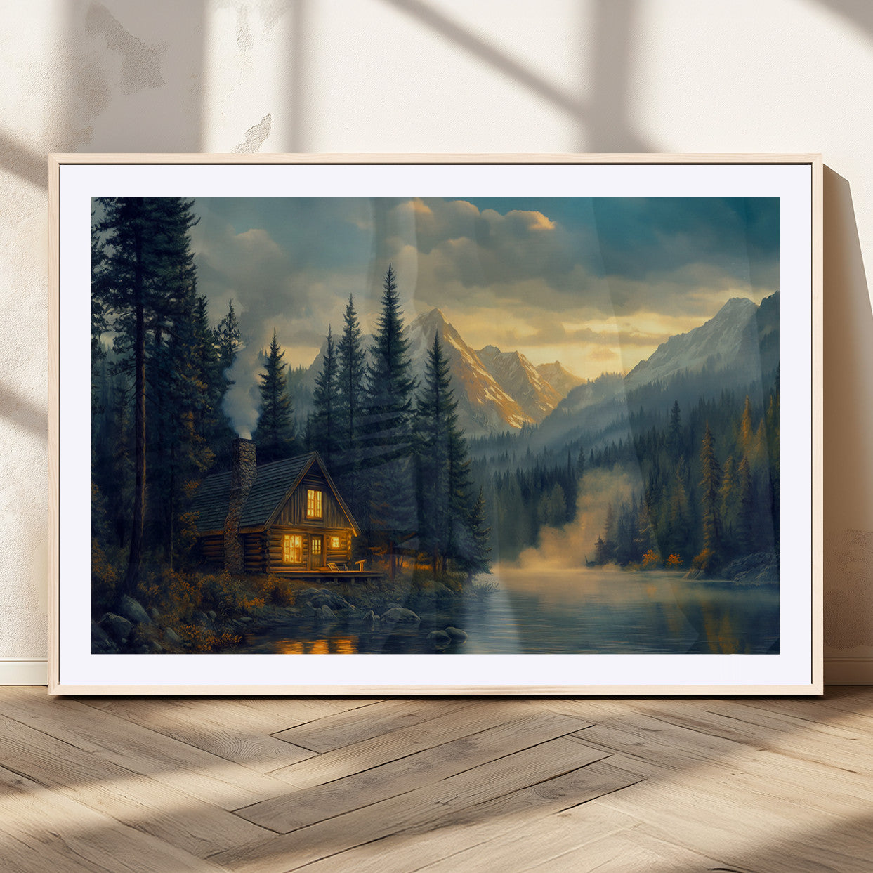 MGC-FP-36x24 - Mountain Cabin by the Lake at Sunset Wall Art - Serene Nature Canvas Print for Living Room Decor,