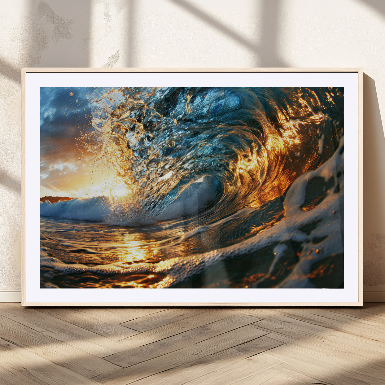 MGC-FP-36x24 - Ocean Wave at Sunset Canvas Wall Art – Vibrant Coastal Beach Waves Print, Large Nautical Decor,