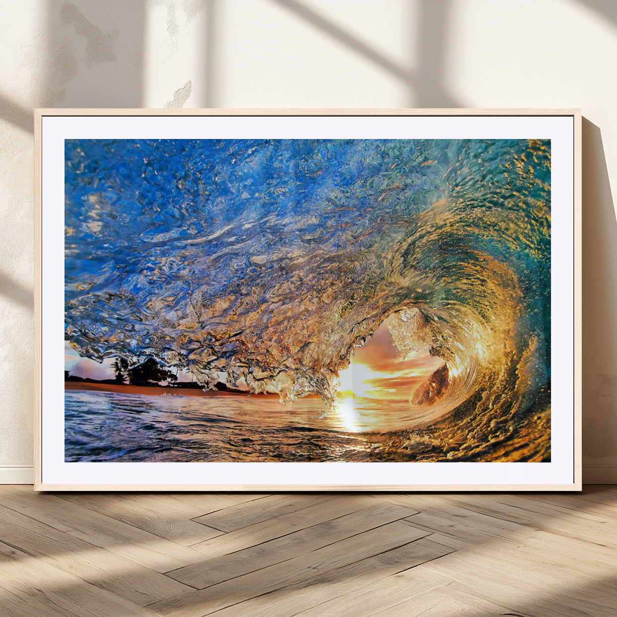 MGC-FP-36x24 - Ocean Wave at Sunset Canvas Wall Art – Vibrant Coastal Beach Waves Print, Large Nautical Decor,