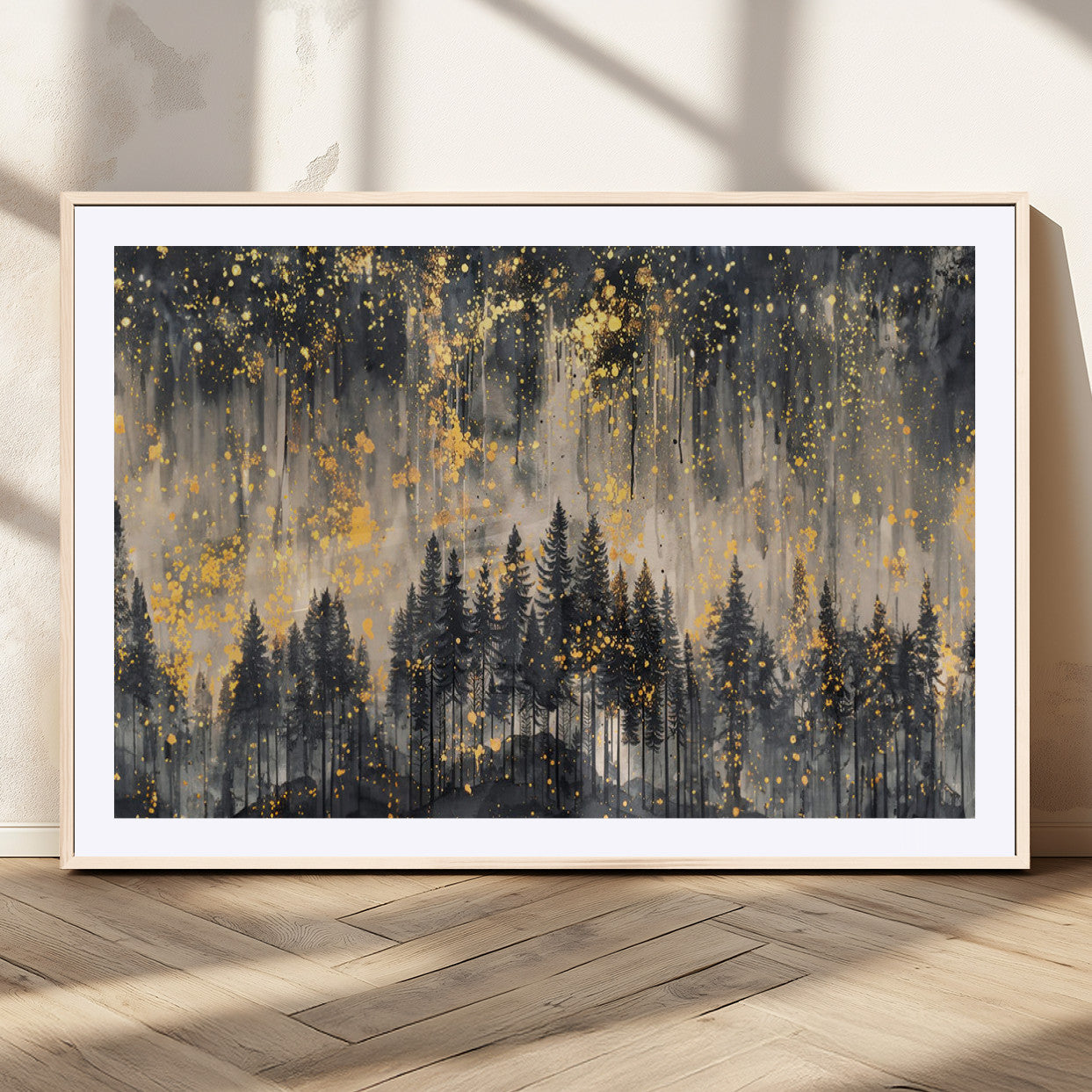 MGC-FP-36x24 - Golden Forest Abstract Wall Art | Dark Forest with Gold Splatter Accents | Triptych Ready to Hang