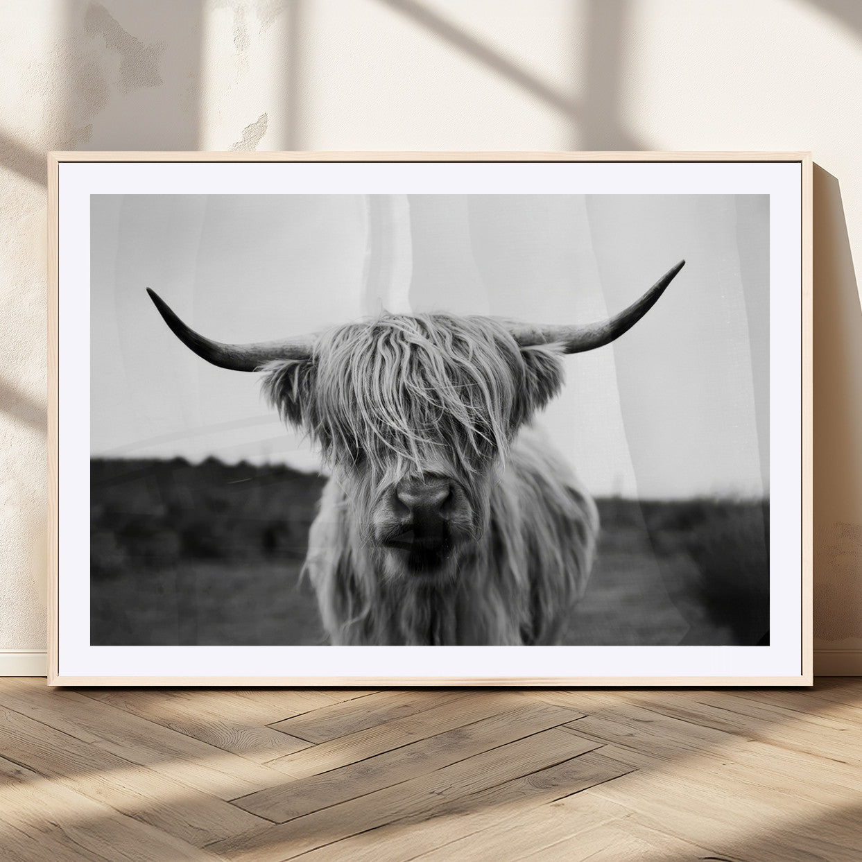 MGC-FP-36x24 - Highland Cow Wall Art | Black and White Farmhouse Decor | Triptych Canvas Print | Rustic Barn Decor