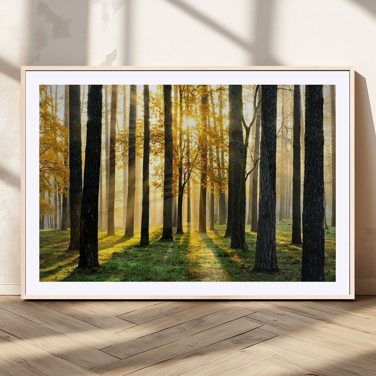 MGC-FP-36x24 - Sunlit Forest Canvas Wall Art – Serene Woodland Triptych Landscape Print – Nature-Inspired Decor for