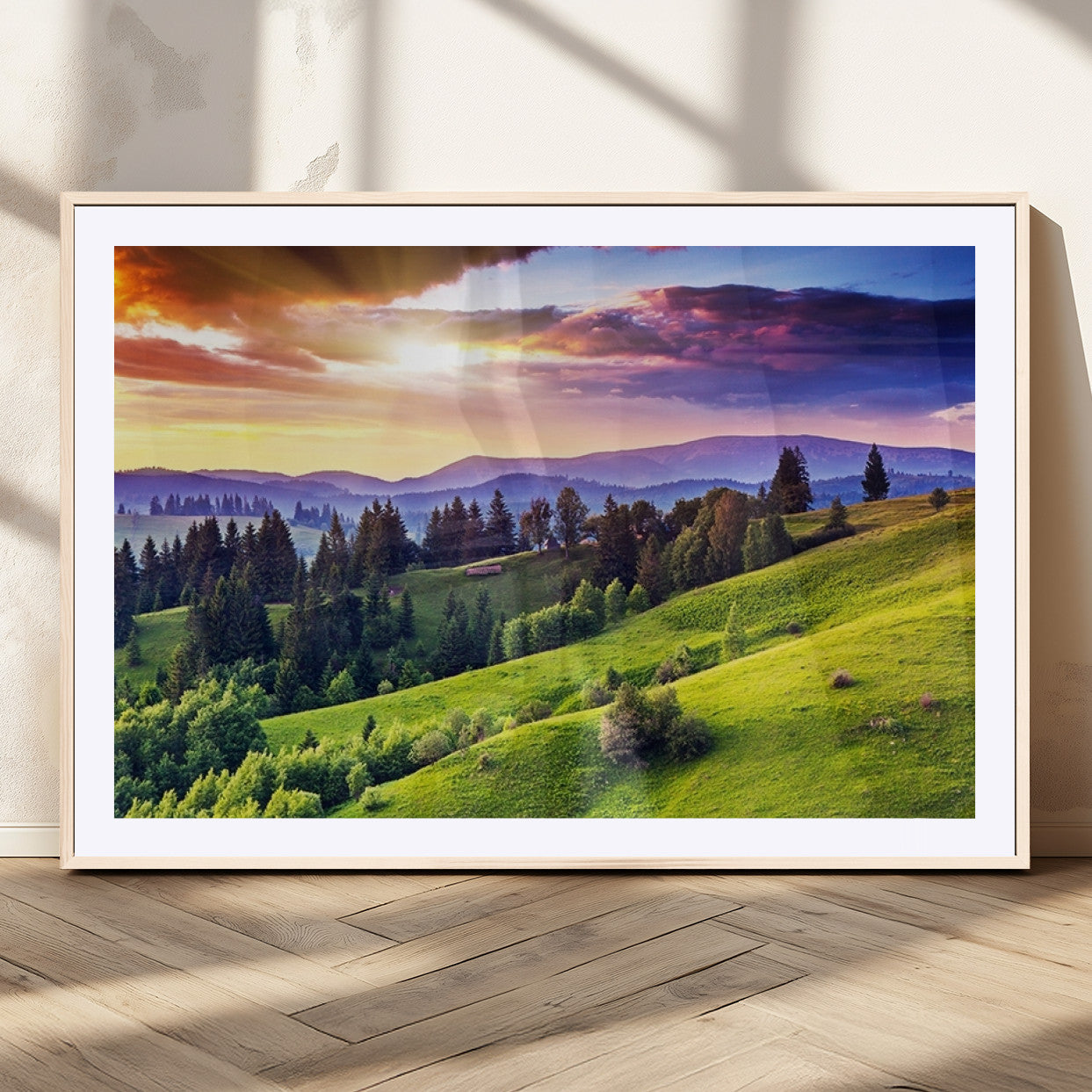 MGC-FP-36x24 - Green Hills and Sunset Wall Art Print - Scenic Landscape with Lush Greenery and Vibrant Sky, Ready