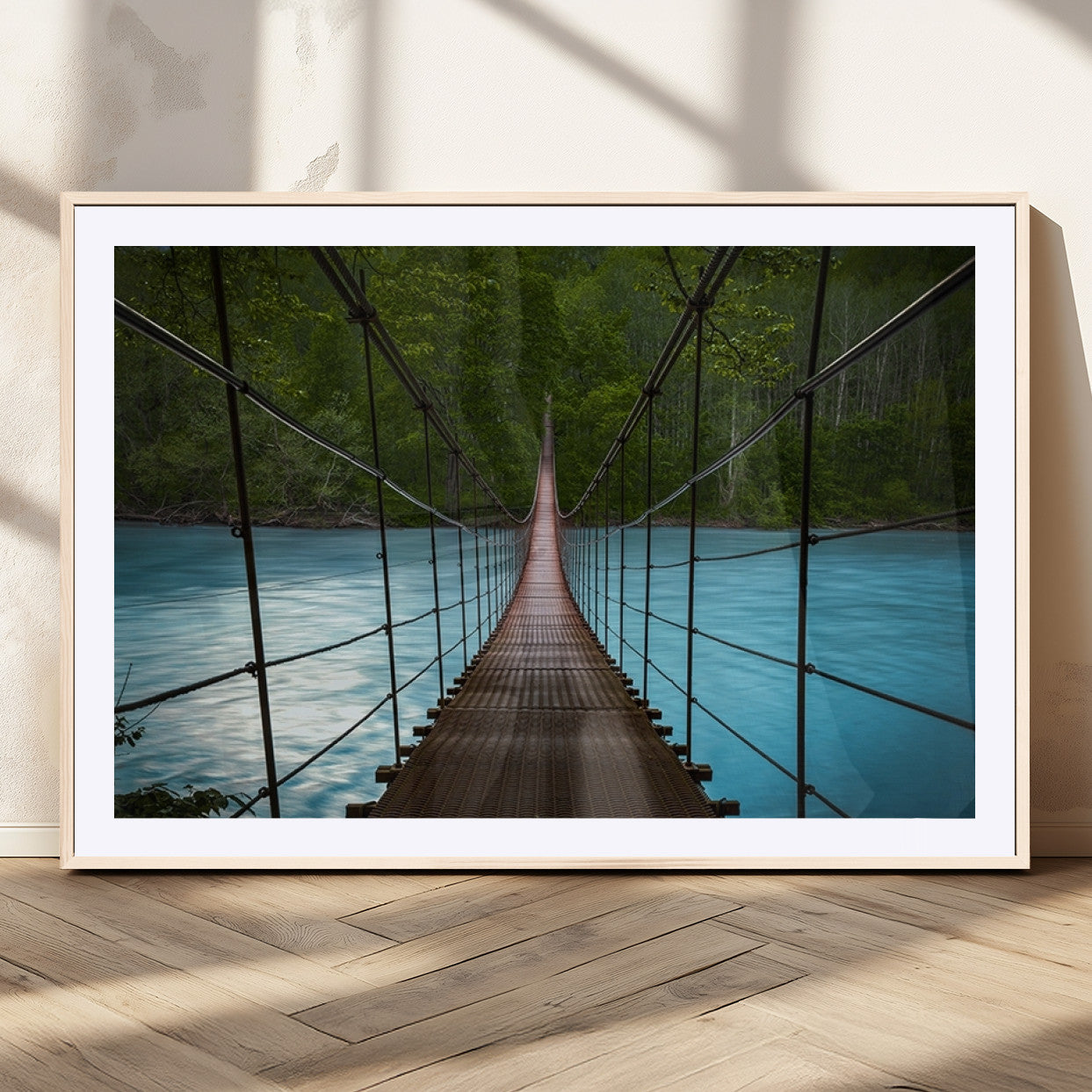 -Suspension Bridge Over River Canvas Art | 3-Panel Nature Photography | Scenic Wall Art for Living