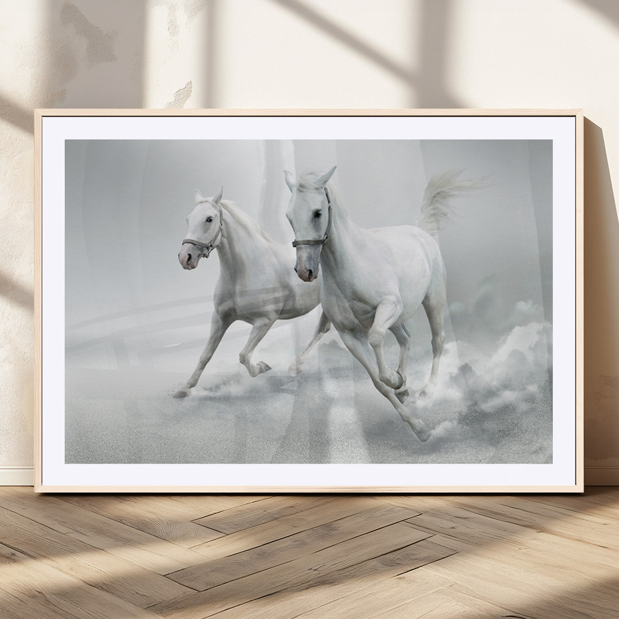 MGC-FP-36x24 - Large Wall Art Animal Canvas Print - Beautiful Running White Horses