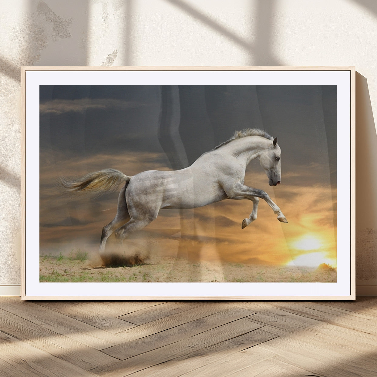 MGC-FP-36x24 - Large Wall Art Animal Canvas Print - White Jumping Horse at Sunset