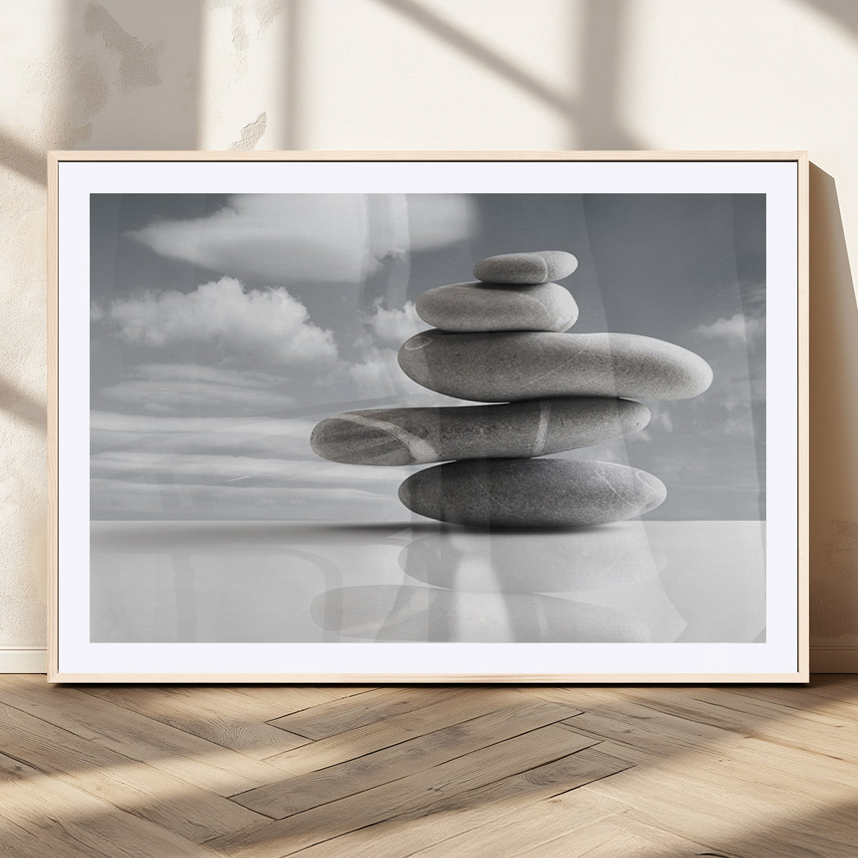 MGC-FP-36x24 - Still Life Black and White Zen Stones Wall Art Canvas, Framed Black and White Zen Stones Canvas