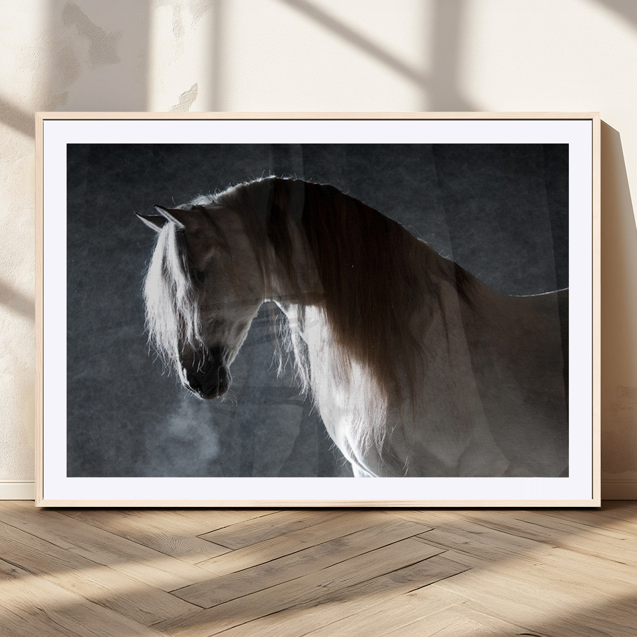 MGC-FP-36x24 - Large Wall Art Cream Colored Horse on Grey Background Canvas Print