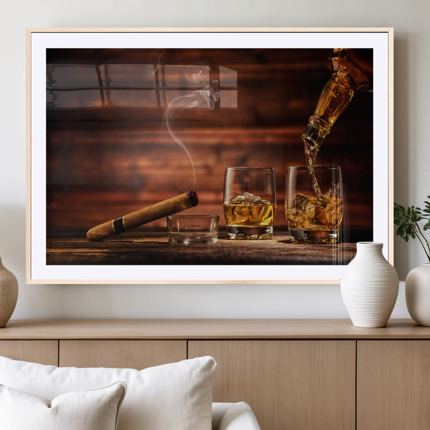 MGC-FP-36x24 - Whiskey and Cigar Wall Art Canvas | 3 Panel Bar Room Decor for Home Lounge, Office, or Man Cave |