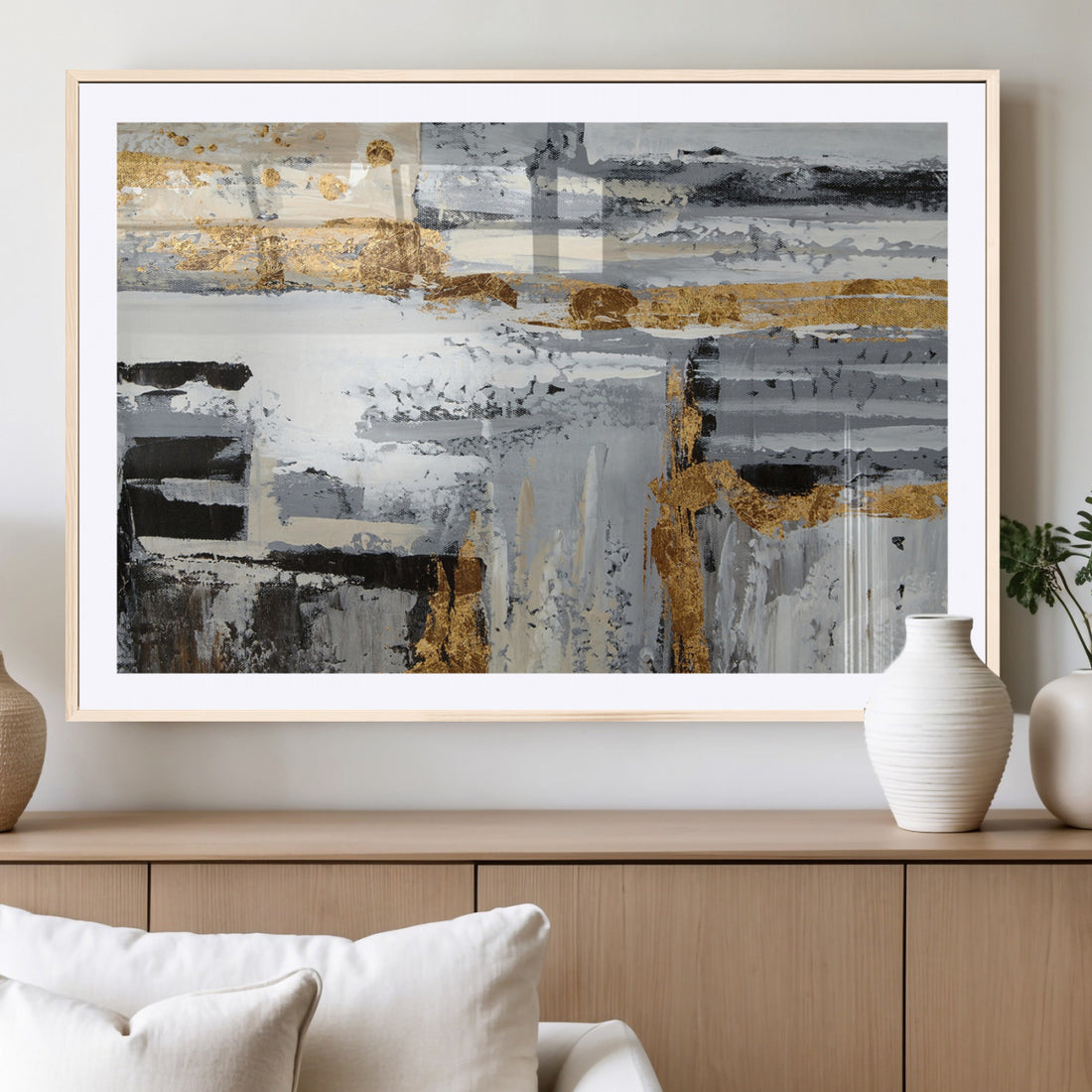 Abstract Painting Canvas Wall Art Print | Gray Paint Drip and Brush Strokes Art