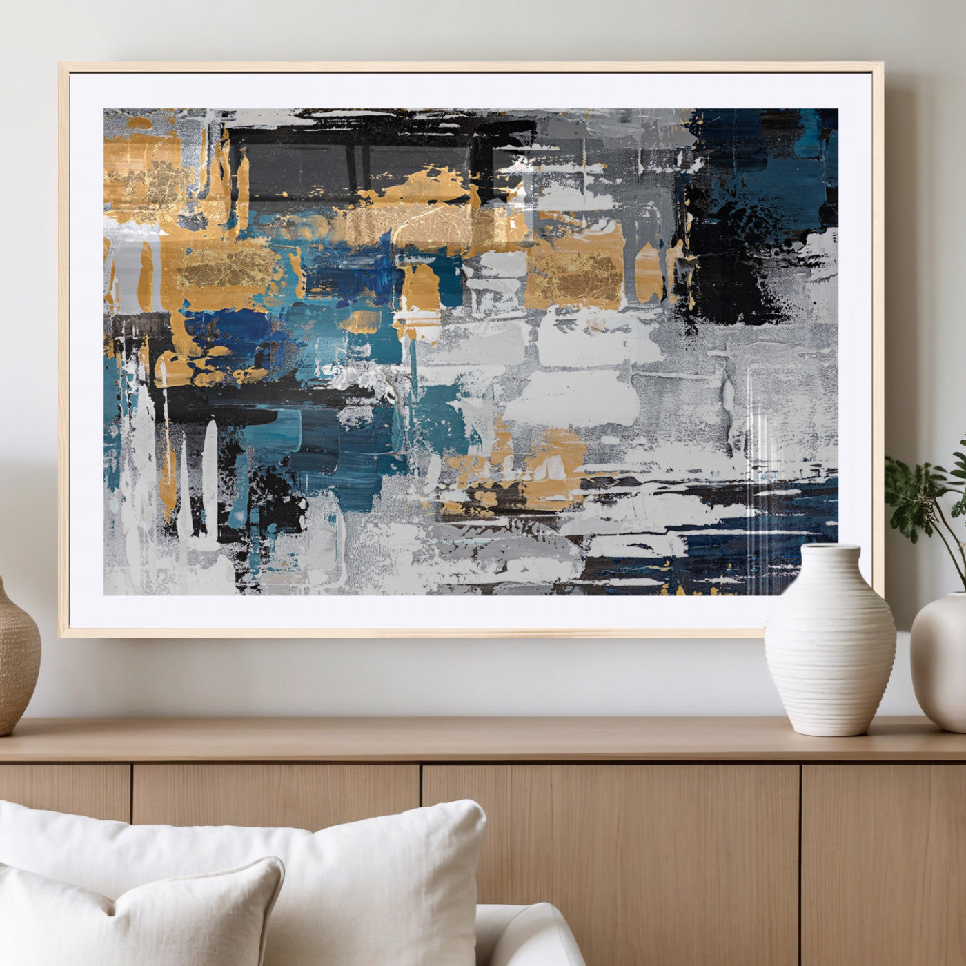 57708-MGV-CV-36X24-Blue and Gold Abstract Canvas Wall Art – Triptych Modern Painting for Living Room – Framed and Ready to Hang