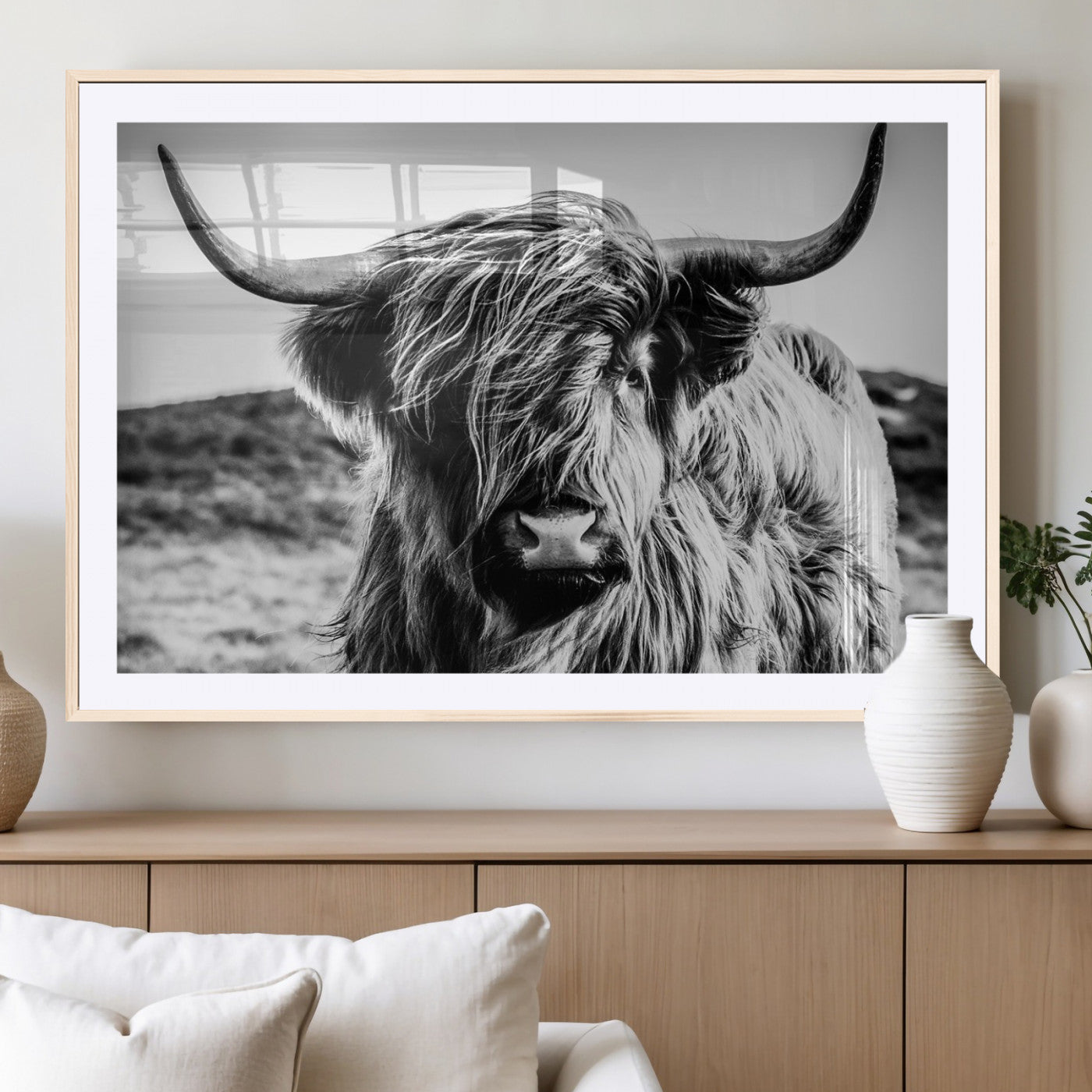 36979-MGV-CV-36X24 - Handsome Scottish Cow Black and White Wall Decor Canvas Art Print Extra Large Wall Art Highland Cattle Canvas Picture Animal Art Nature Photography High Quality Original Canvas Framed Ready to Hang