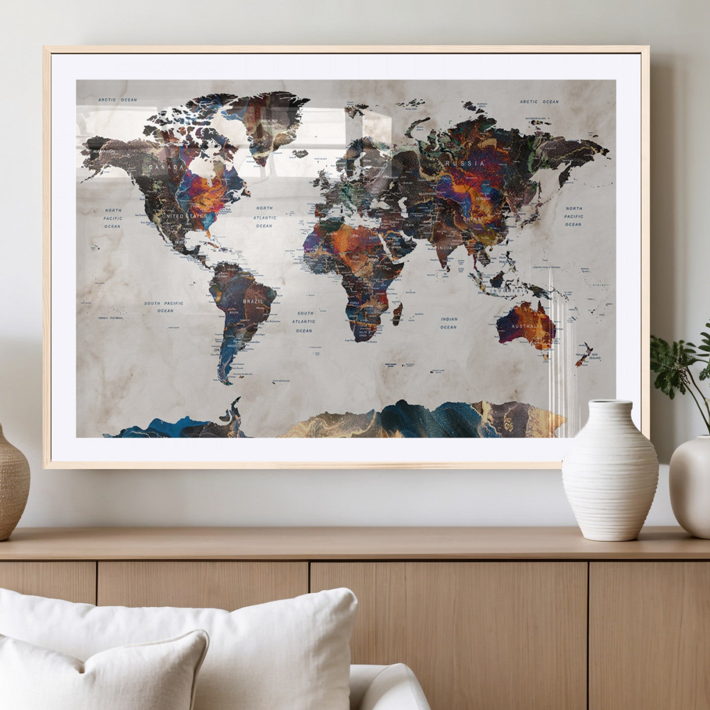 MGC-FP-36x24 - Push Pin World Map Canvas Print – Framed Wall Art for Couples to Track Their Travels – Anniversary