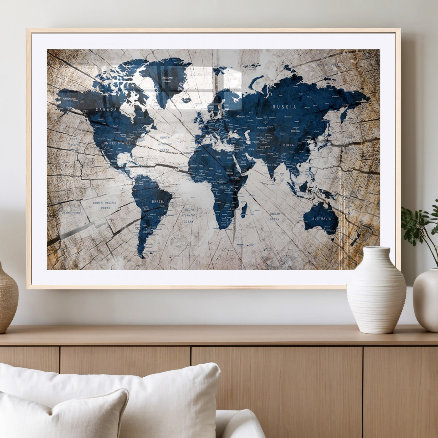 Blue World Map Canvas Wall Art – Triptych Global Decor