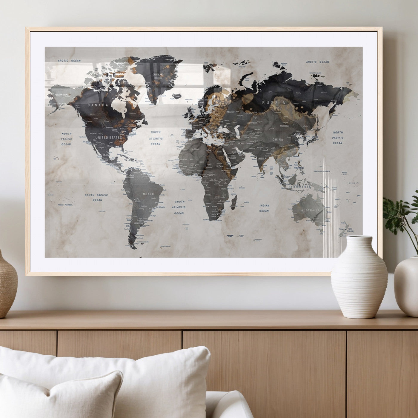 MGC-FP-36x24 - Push Pin World Map Canvas Print – Framed Wall Art for Couples to Track Their Travels – Anniversary