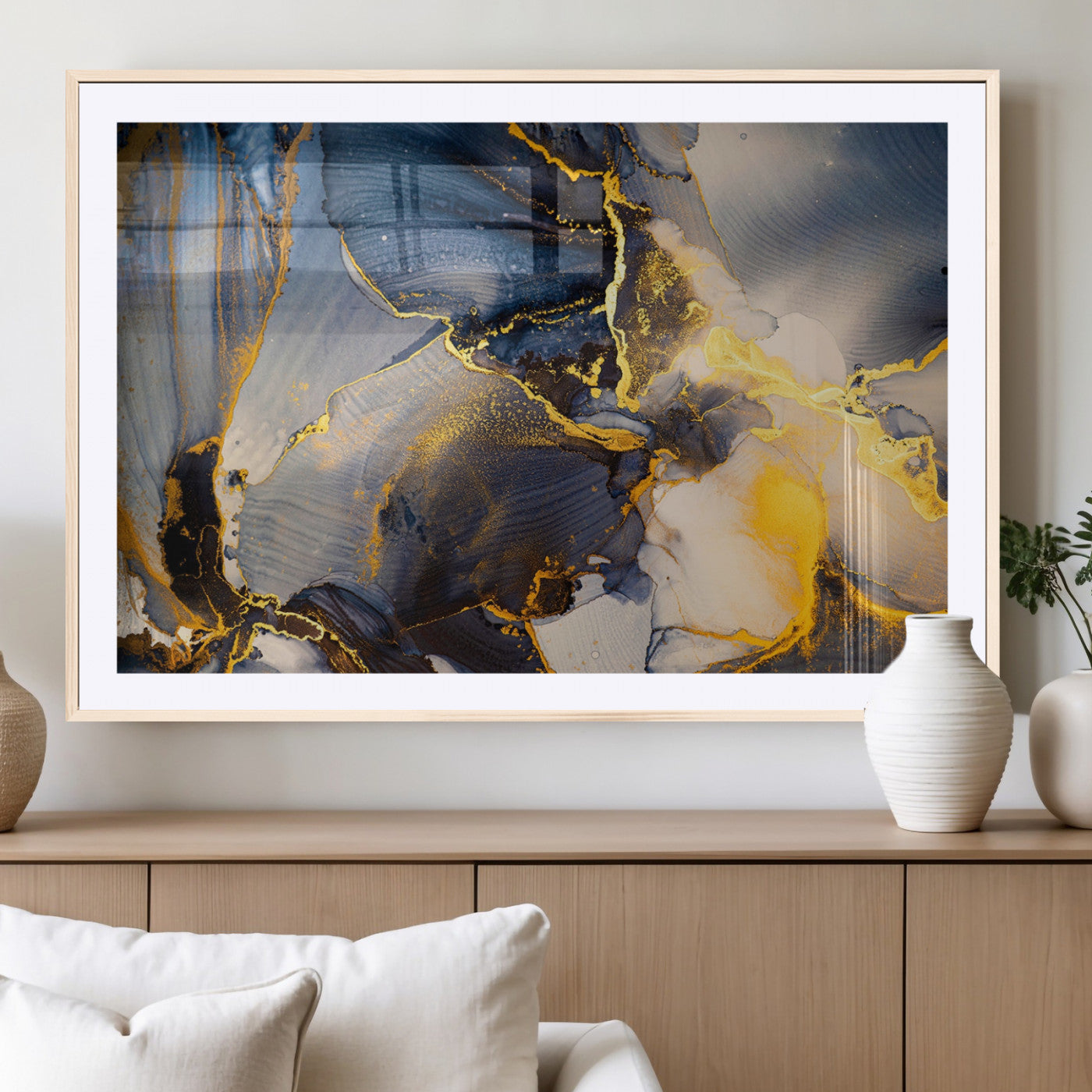 42100-MGV-CV-36X24-Large Abstract Wall Art Print - Gold and Blue Abstract Canvas Wall Art | Fluid Ink Modern Luxury Wall Decor for Living Room Decor