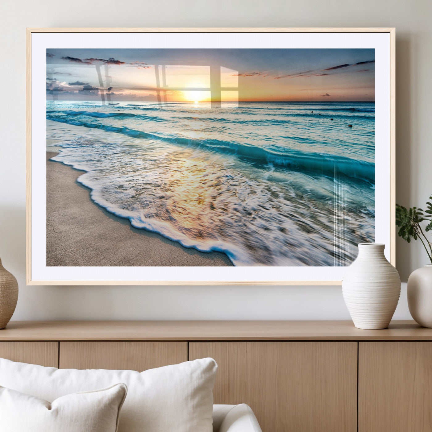MGC-FP-36x24 - Sunset Beach Waves Canvas Wall Art – 5-Panel Ocean Sunset Print – Coastal Decor for Living Room or
