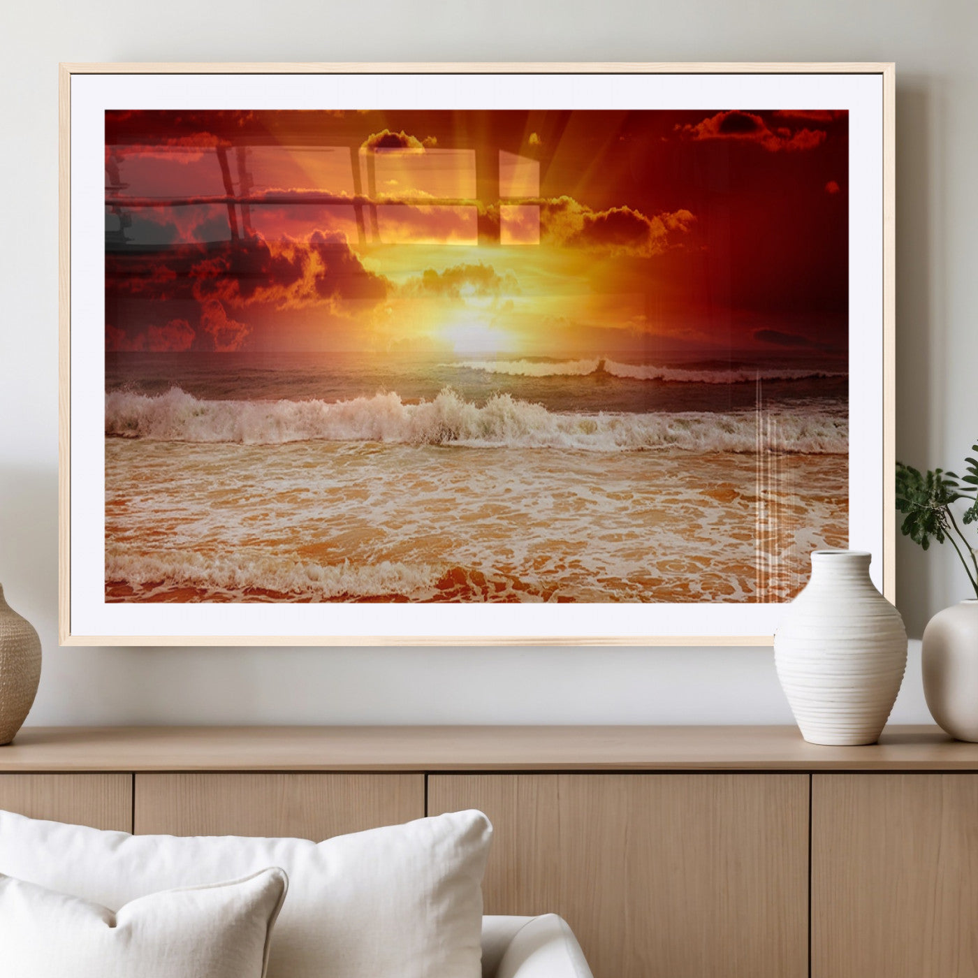 MGC-FP-36x24 - Red Sunset Ocean Beach Canvas Wall Art Beach Canvas, Coastal Sunset Print