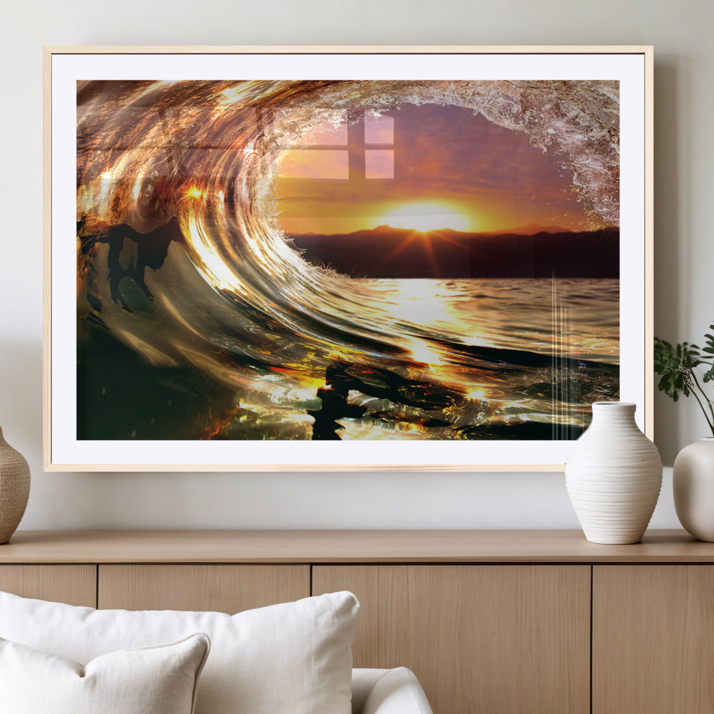 MGC-FP-36x24 - Golden Wave Sunset Triptych Canvas Art, Giclee Canvas Print of Ocean Wave and Sunset, Framed Ocean
