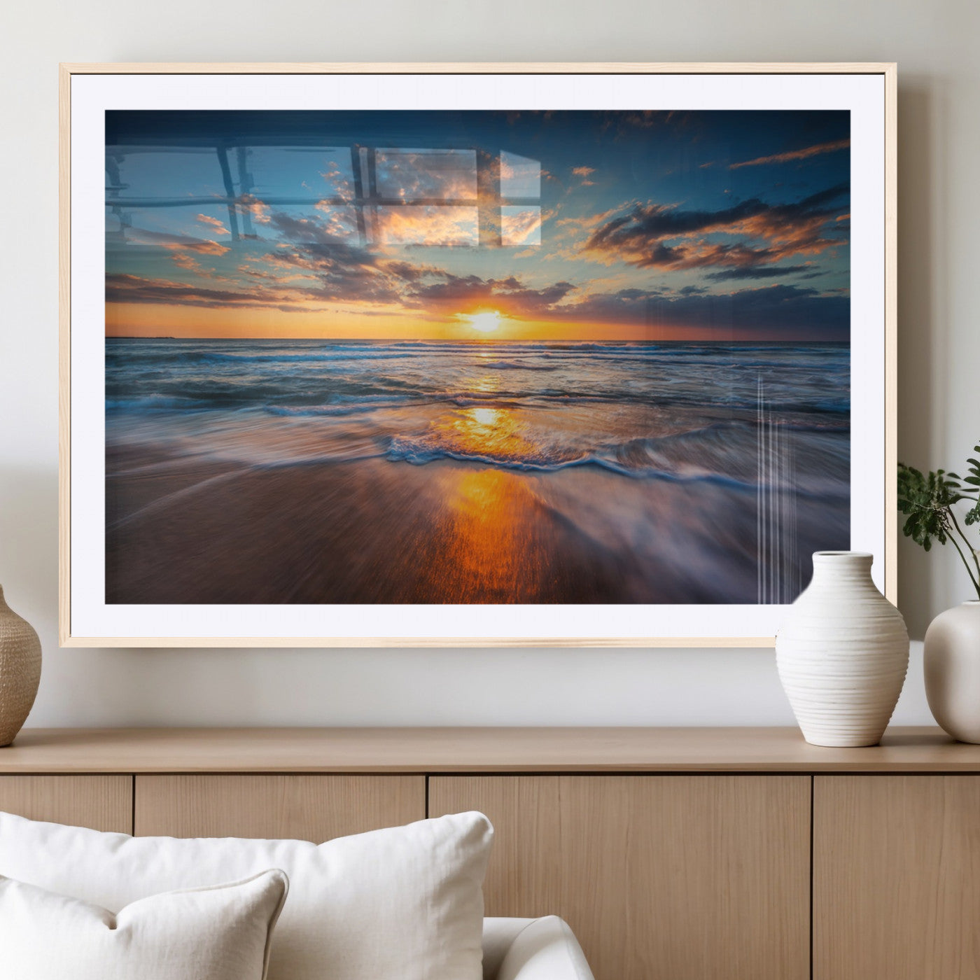 MGC-FP-36x24 - Sunset on the Ocean Beach with Waves, Reflections on Sand, Coastal Wall Art Print, Beach Wall Art,